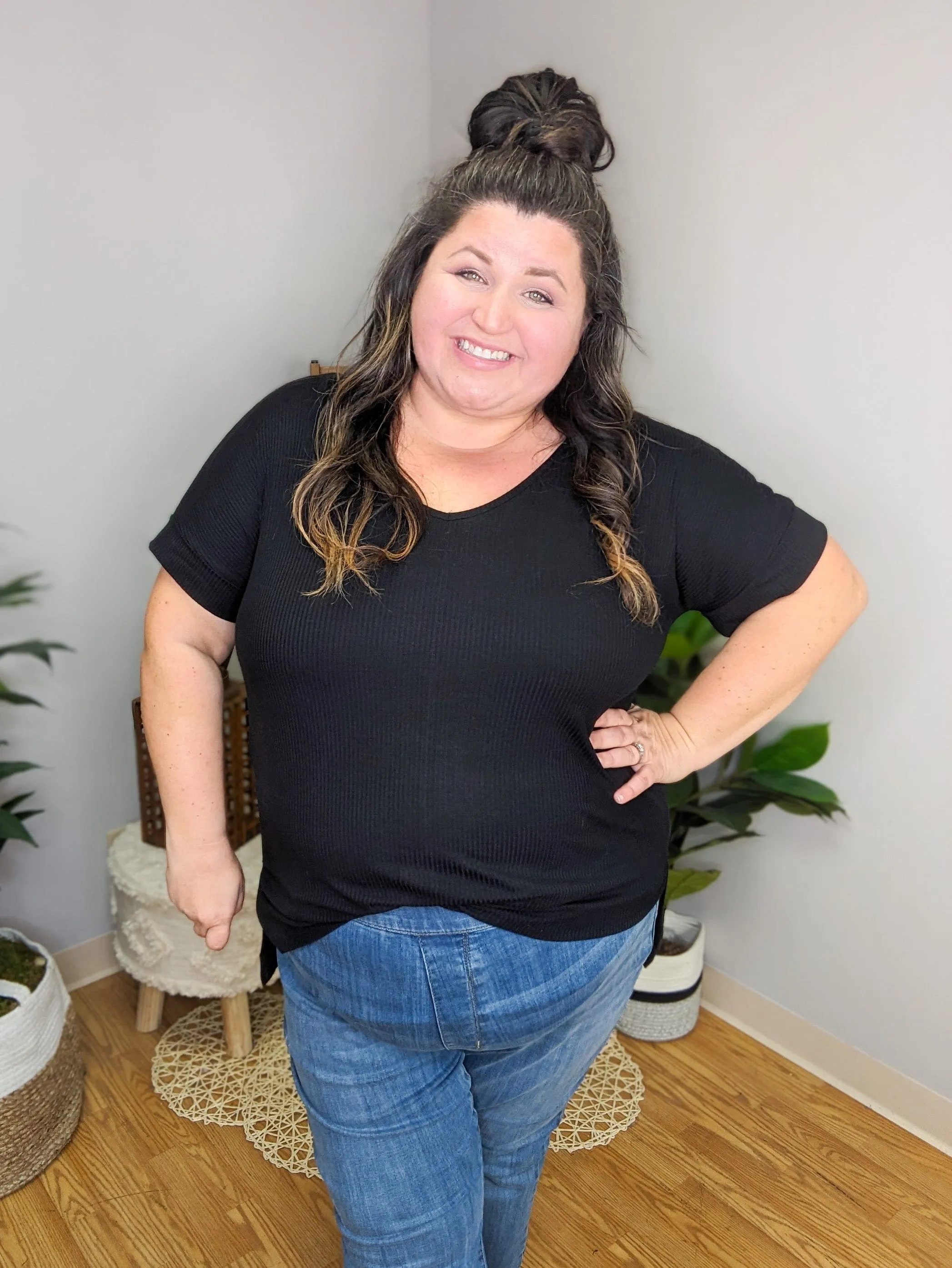 Rory Ribbed High Low Dolman Tee in Black