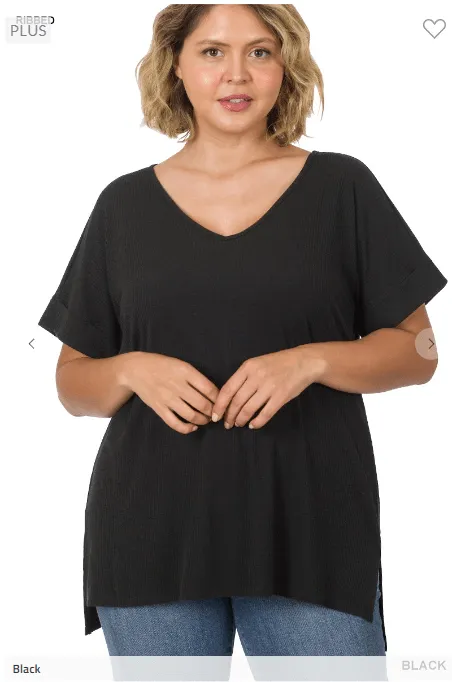 Rory Ribbed High Low Dolman Tee in Black