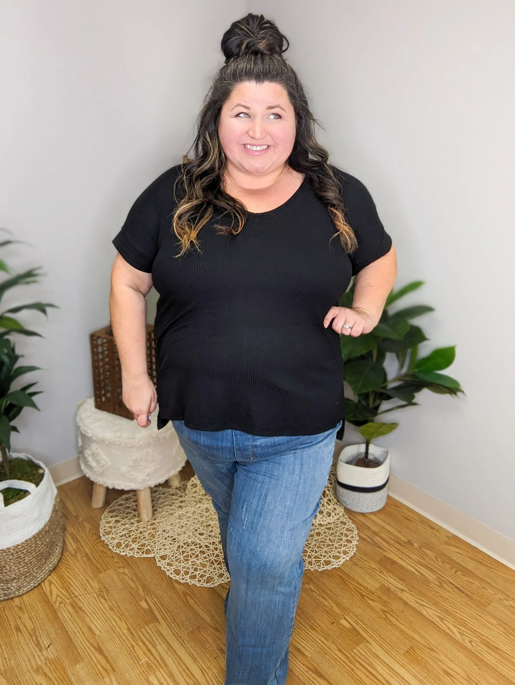 Rory Ribbed High Low Dolman Tee in Black