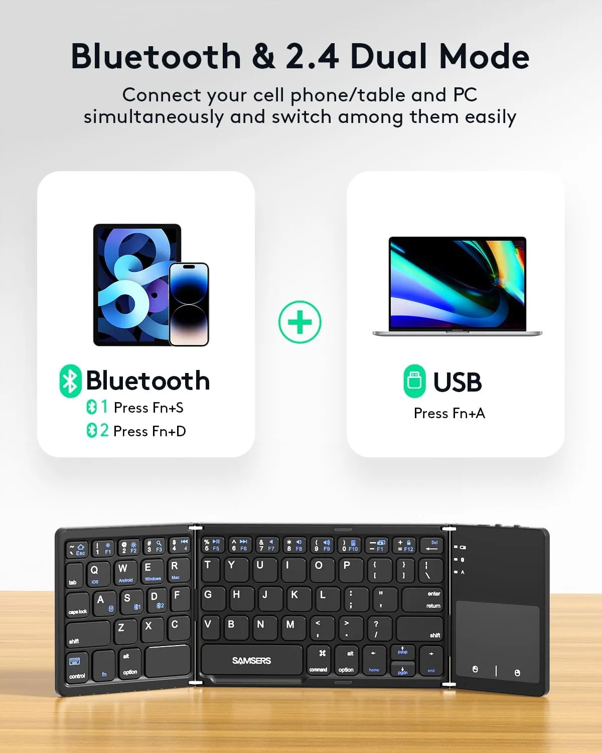 Samsers Multi-Device Foldable Keyboard with Touchpad, Dual-Mode (2.4G   BT) for Android, Windows, iOS, Mac OS