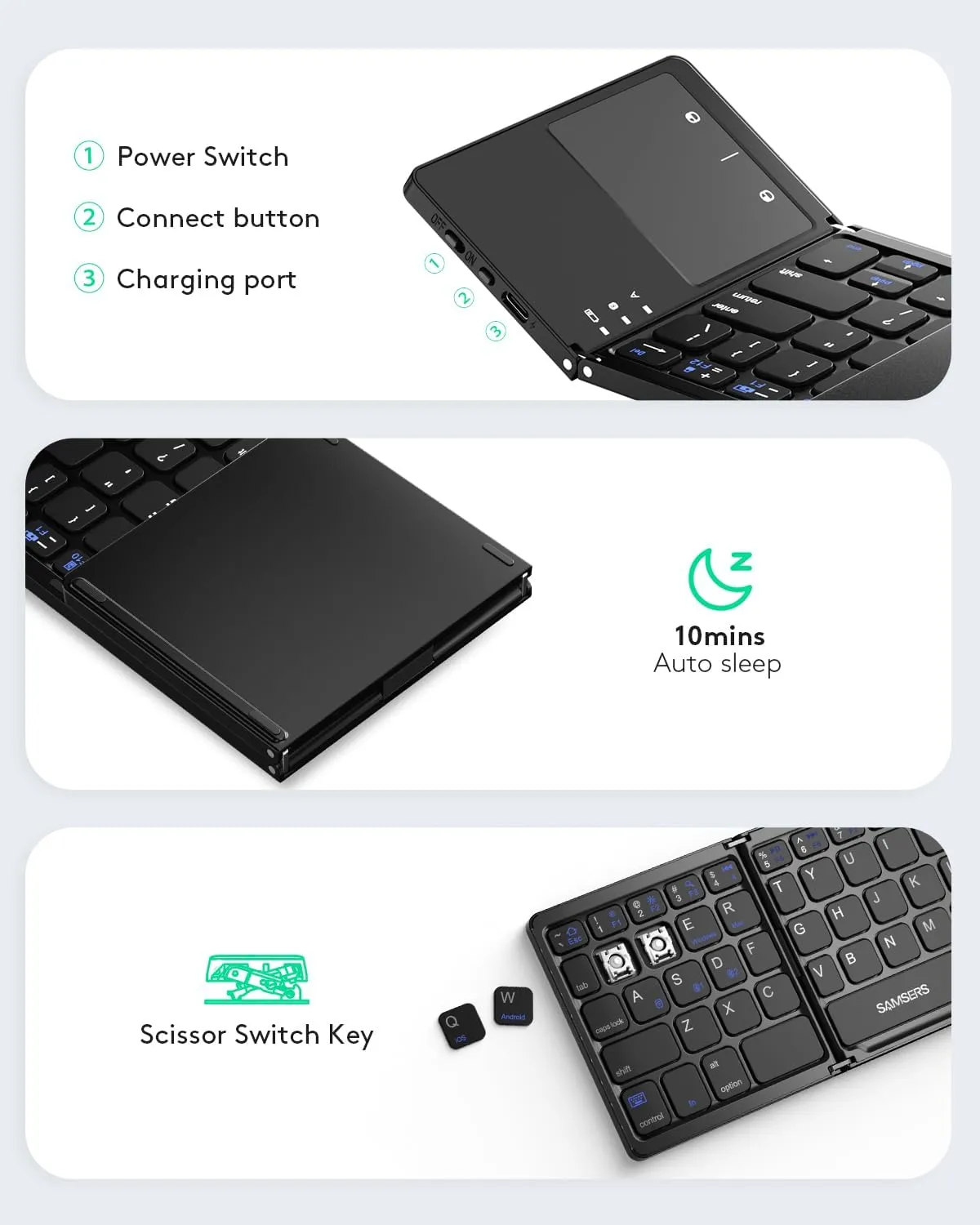 Samsers Multi-Device Foldable Keyboard with Touchpad, Dual-Mode (2.4G   BT) for Android, Windows, iOS, Mac OS