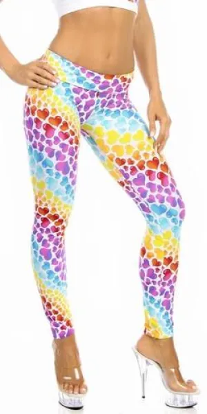 Sexy High Waist Cuff Roll Down Stretch Work Out Athletic Leggings - Hearts