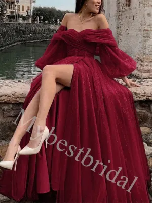 Sparkling Sweetheart Off shoulder Side slit A-line Prom Dresses,PDS1024