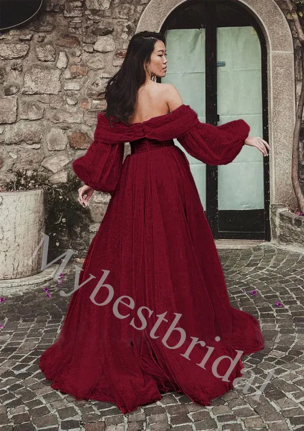 Sparkling Sweetheart Off shoulder Side slit A-line Prom Dresses,PDS1024