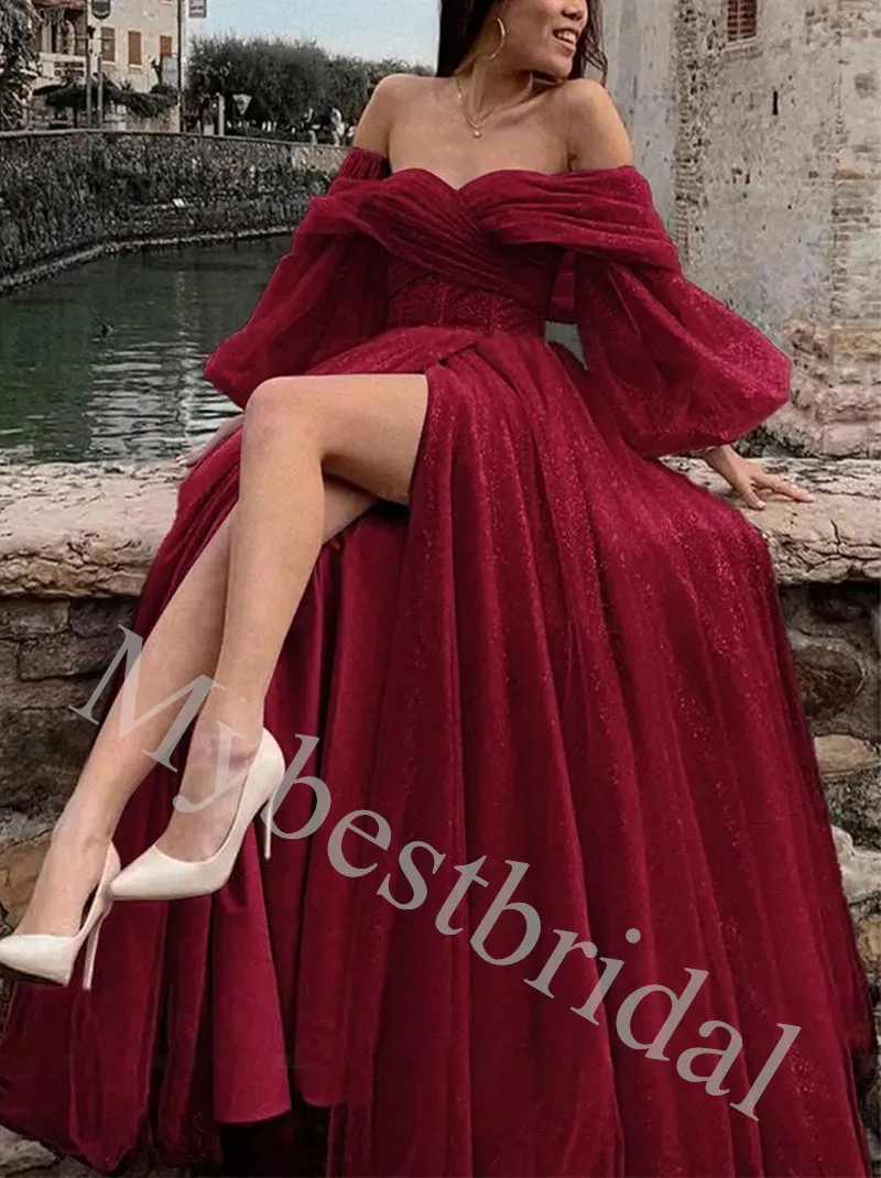 Sparkling Sweetheart Off shoulder Side slit A-line Prom Dresses,PDS1024