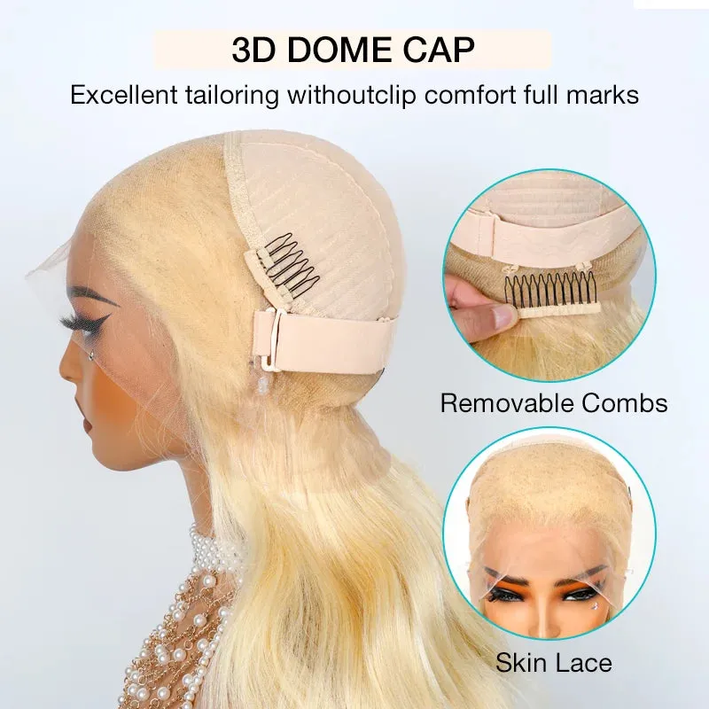 Upgrade Glueless Invisi Strap 360 Skin Lace Frontal 613 Blonde Straight Wig No Gel Stable Put on & Go Wigs