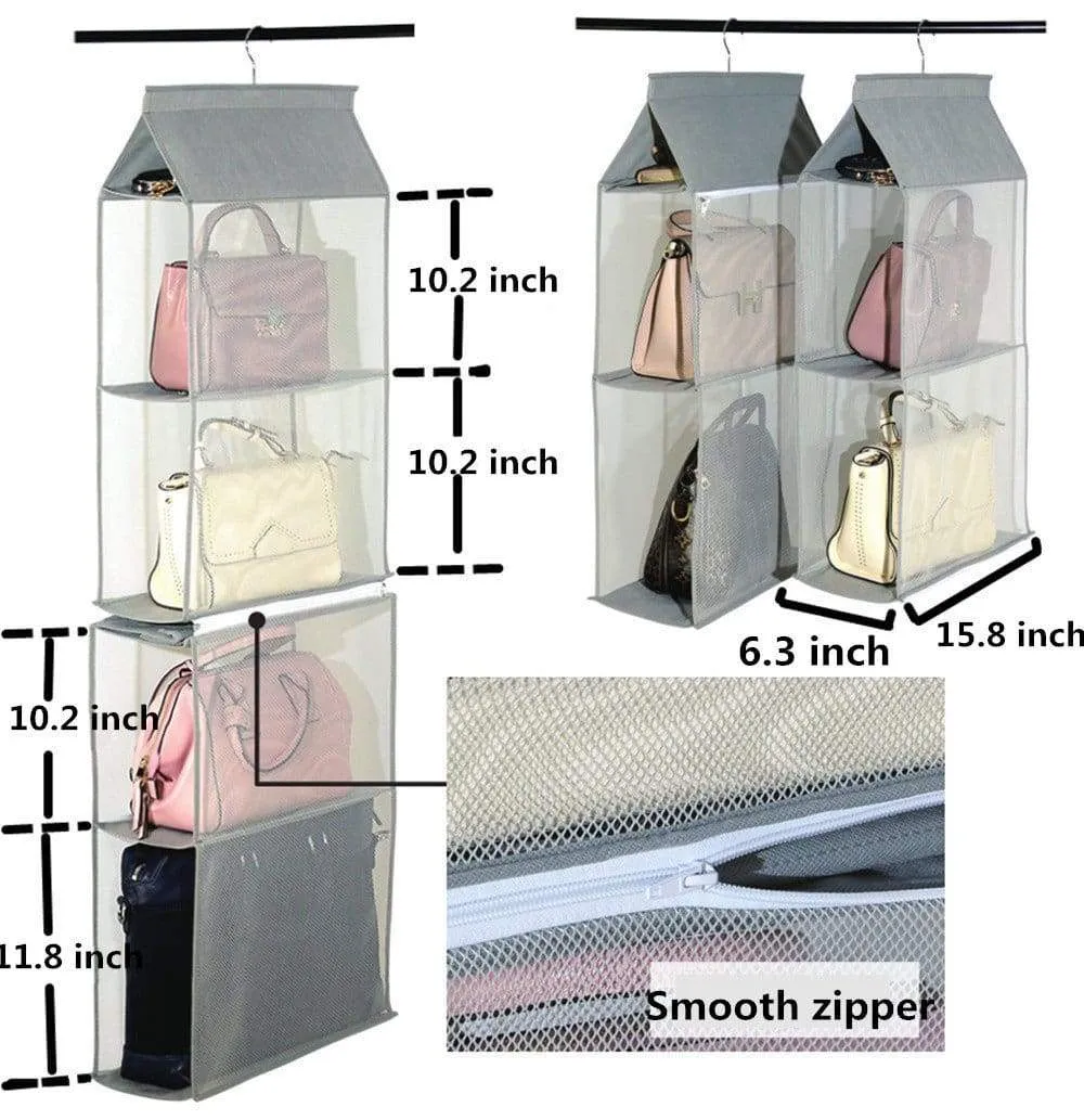 ZARO 2 In 1 Hanging Shelf Garment Organizer for Bags Clothes, 4 Shelves Practical Closet Purse Storage Collapsible Space Saver Accessory Breathable Mesh Net with Hooks Hanger Easy Mount-Gray