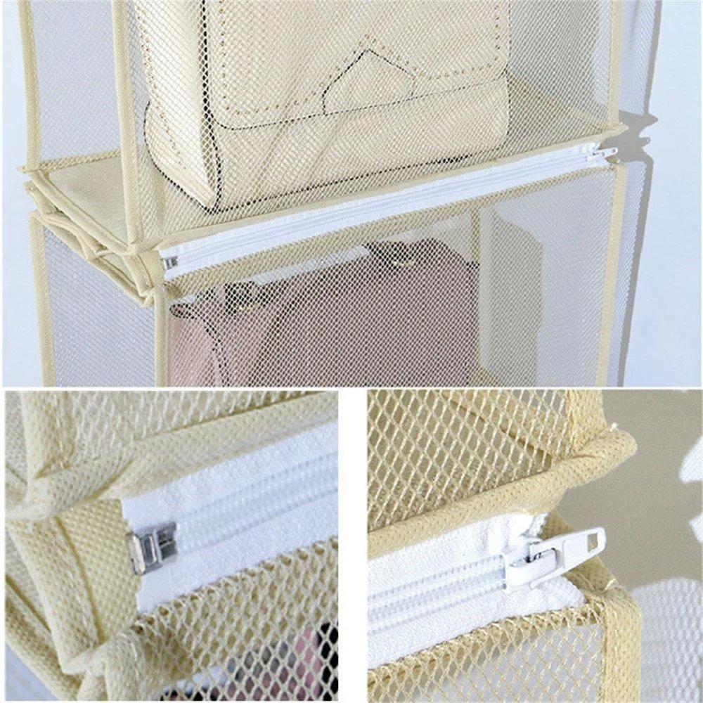 ZARO 2 In 1 Hanging Shelf Garment Organizer for Bags Clothes, 4 Shelves Practical Closet Purse Storage Collapsible Space Saver Accessory Breathable Mesh Net with Hooks Hanger Easy Mount-Gray