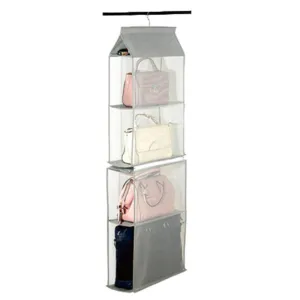 ZARO 2 In 1 Hanging Shelf Garment Organizer for Bags Clothes, 4 Shelves Practical Closet Purse Storage Collapsible Space Saver Accessory Breathable Mesh Net with Hooks Hanger Easy Mount-Gray