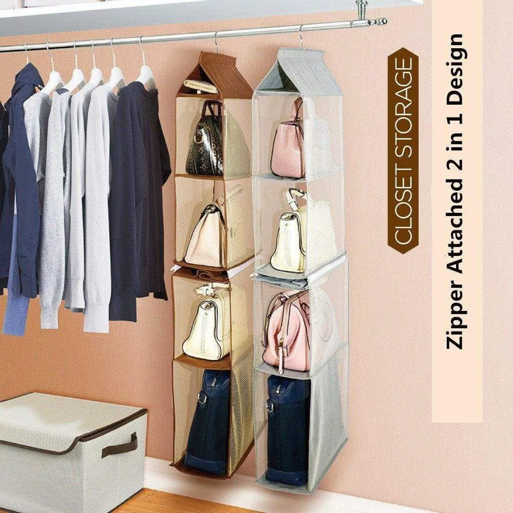 ZARO 2 In 1 Hanging Shelf Garment Organizer for Bags Clothes, 4 Shelves Practical Closet Purse Storage Collapsible Space Saver Accessory Breathable Mesh Net with Hooks Hanger Easy Mount-Gray