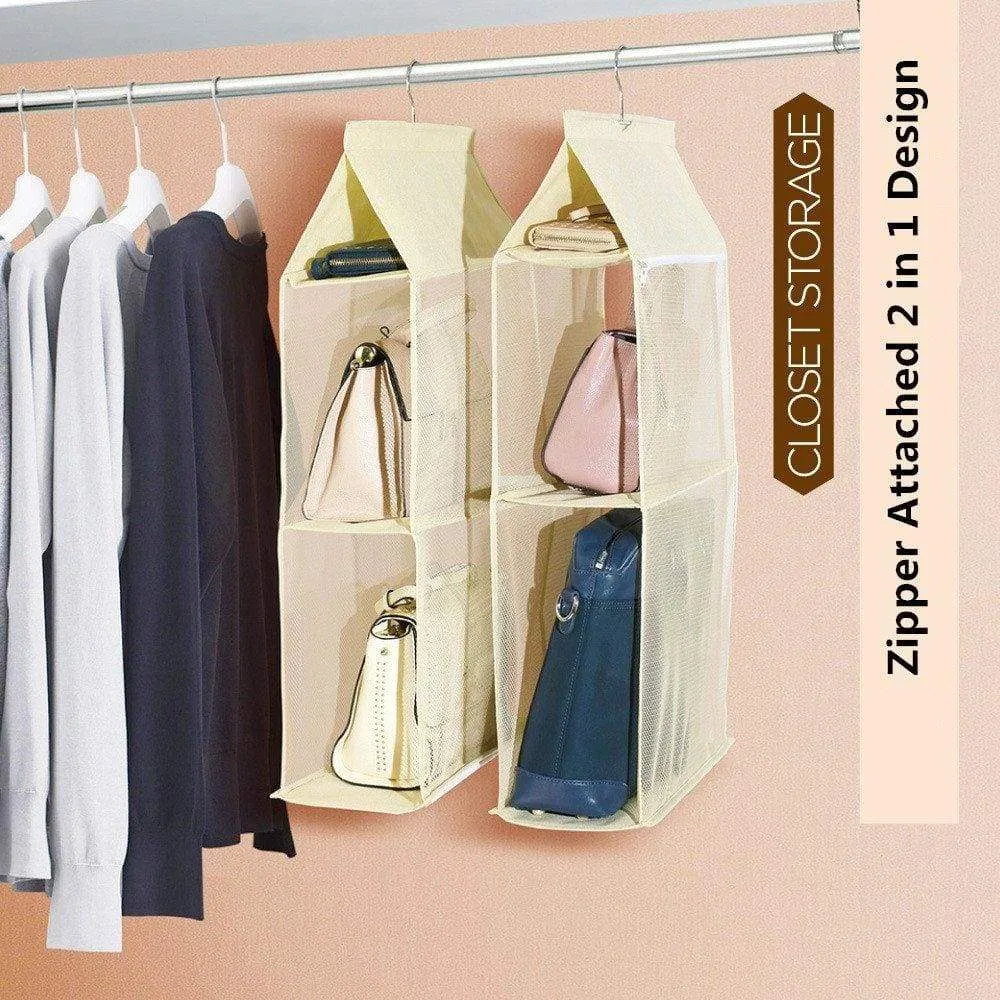 ZARO 2 In 1 Hanging Shelf Garment Organizer for Bags Clothes, 4 Shelves Practical Closet Purse Storage Collapsible Space Saver Accessory Breathable Mesh Net with Hooks Hanger Easy Mount-Gray
