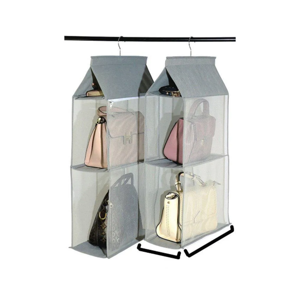 ZARO 2 In 1 Hanging Shelf Garment Organizer for Bags Clothes, 4 Shelves Practical Closet Purse Storage Collapsible Space Saver Accessory Breathable Mesh Net with Hooks Hanger Easy Mount-Gray