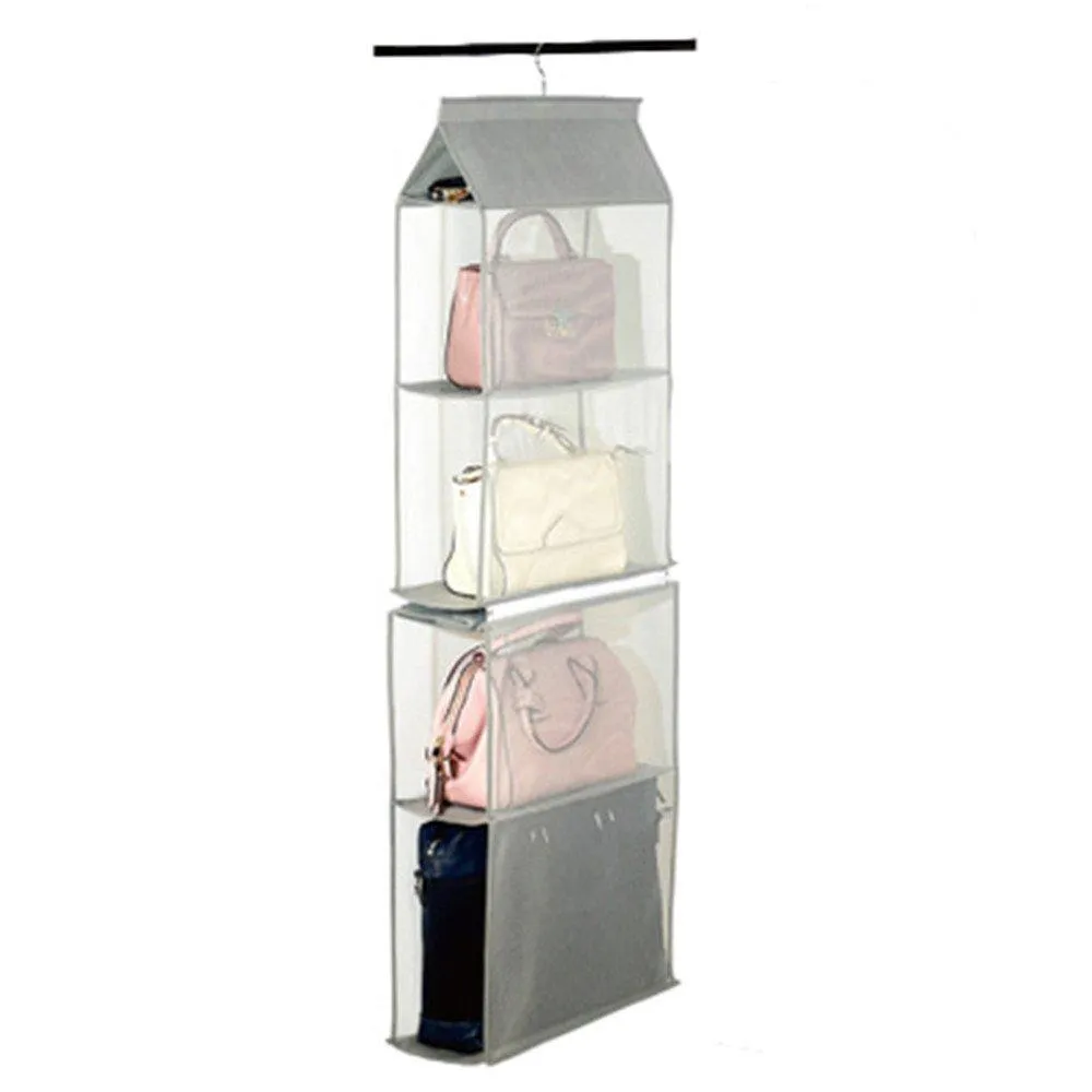 ZARO 2 In 1 Hanging Shelf Garment Organizer for Bags Clothes, 4 Shelves Practical Closet Purse Storage Collapsible Space Saver Accessory Breathable Mesh Net with Hooks Hanger Easy Mount-Gray